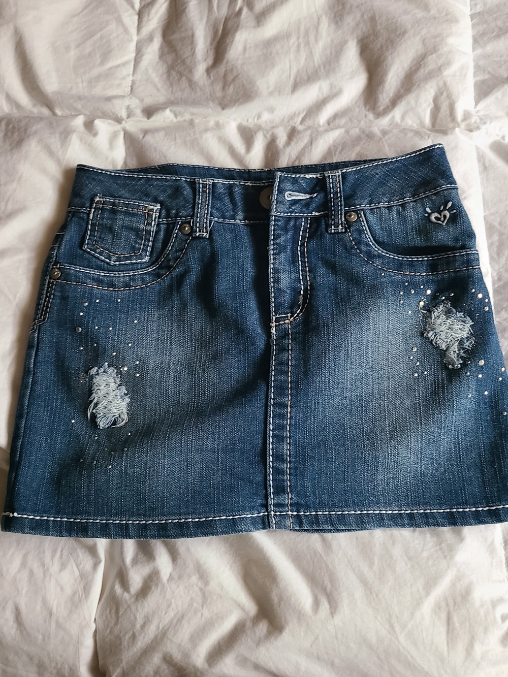 Justice Dark Blue Denim Mini Skirt with Distressed Accents